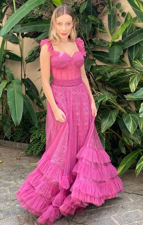 Vestido formal de tul rosa sin mangas, corte A, largo hasta el suelo, para noche formal, en tiendas con vestidos de fiesta.